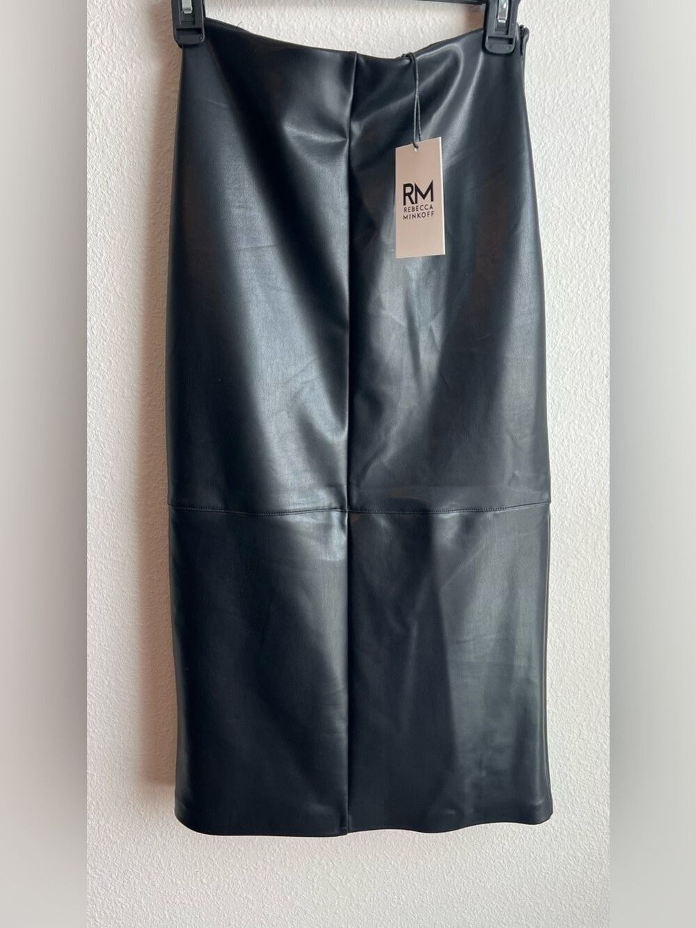 Rebecca Minkoff Black Faux Leather Midi Pencil Skirt High Waist Edgy Sleek XS - Picture 2 of 6